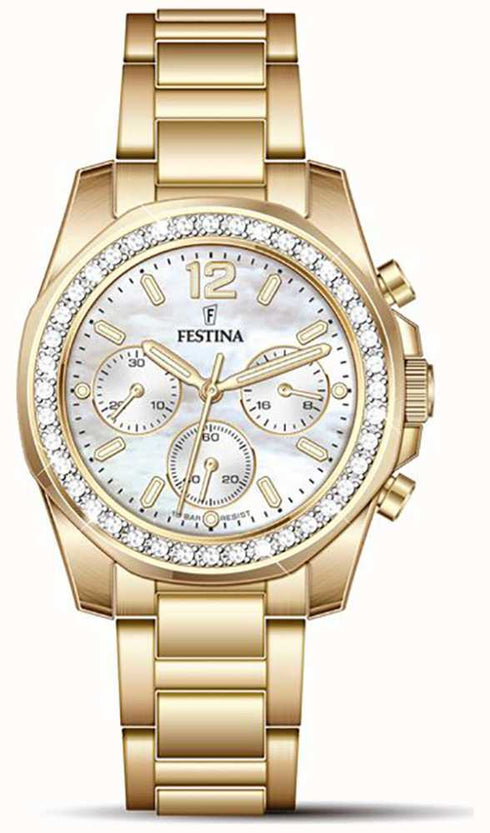 Festina F20609/1 Women’s Boyfriend Chronograph – Mother-of-Pearl Dial, Gold Steel 38mm