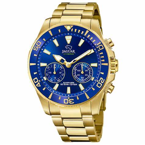 Jaguar Men's Swiss Hybrid Watch - Model J899/2, Gold-Tone Stainless Steel, Blue Dial, Smart Features