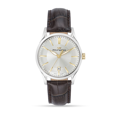 Philip Watch Sunray R8251180014 Orologio da uomo - Quadrante argento, cinturino in pelle marrone