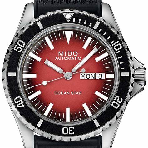 Mido Ocean Star Tribute Gradient M026.830.17.421.00 Orologio automatico da uomo - Quadrante rosso sfumato, cinturino in gomma nera