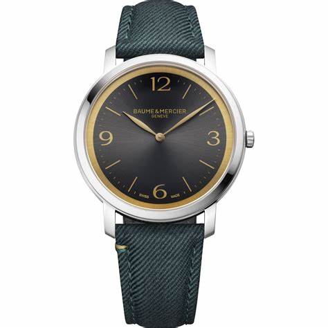 Baume & Mercier Classima MOA10704 Orologio al quarzo da uomo - Cassa in acciaio inossidabile 39 mm, quadrante satinato grigio meteorite, inserti placcati oro, doppio cinturino