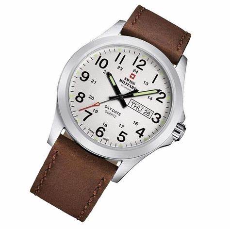 Swiss Military SMP36040.16 Quarzuhr für Herren - Edelstahlgehäuse, weißes Zifferblatt, braunes Lederarmband