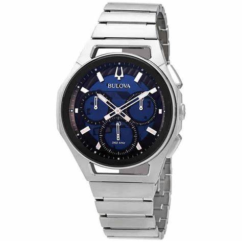 Bulova Curv 96A205 Men's Chronograph Watch - Blue Dial, Stainless Steel Bracelet