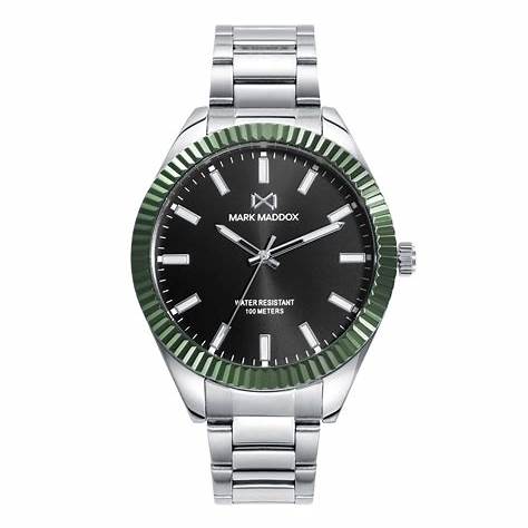 Mark Maddox HM1005-57 Men's Analog Watch - Stainless Steel Bracelet, Black Dial, Green Bezel