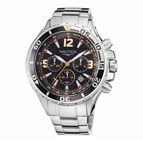 Nautica NAPNSS217 Men's Chronograph Watch - Black Dial, Stainless Steel Bracelet