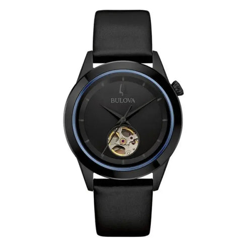 Bulova 98A323 Men's Automatic Watch – Black PVD Case, Open Heart Dial, Leather Strap