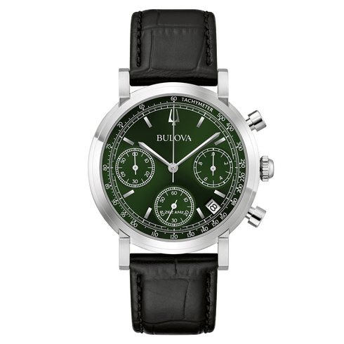 Bulova Classic 96B457 Herren-Chronographenuhr - grünes Zifferblatt, schwarzes Lederarmband