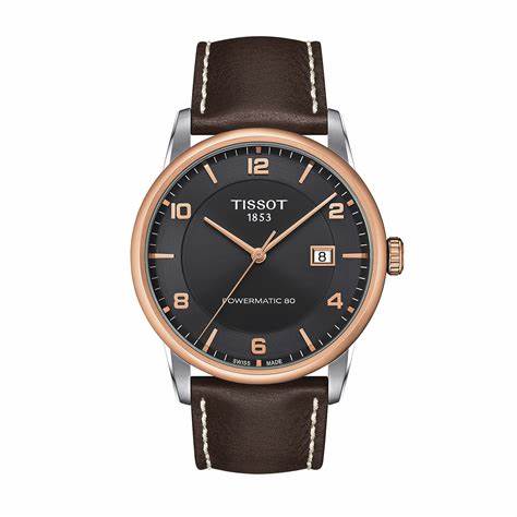 Tissot Luxury Automatic Men's Watch - Anthracite Dial, Rose Gold PVD Bezel, Brown Leather Strap