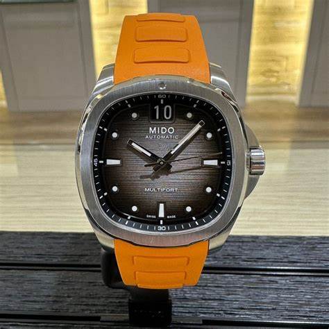 Orologio automatico da uomo Mido Multifort TV Big Date - Quadrante grigio sfumato, cinturino in gomma arancione