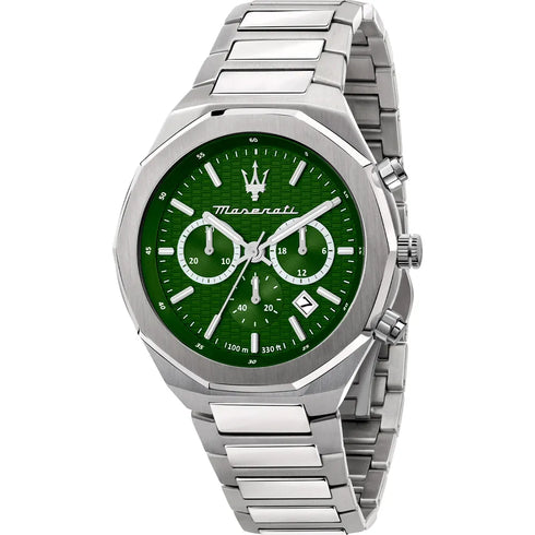 Maserati Stile R8873642011 Chronograph – 45 mm Silberfarbener Stahl, grünes Zifferblatt