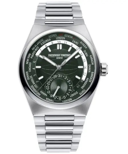 Frederique Constant Highlife Worldtimer Manufacture FC-718GR4NH6B-IT Orologio da uomo - Quadrante verde, cassa e bracciale in acciaio inossidabile