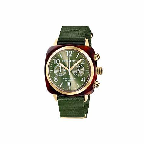 Briston Clubmaster Classic Chronograph 40mm Gold Acetate Green Dial Green NATO Strap 19140.PYA.T.26.NOL