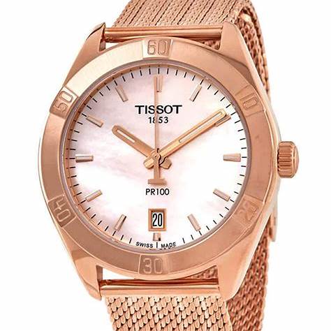 Orologio Tissot PR 100 Sport Chic Donna - Quadrante rosa madreperla, bracciale a maglie in PVD oro rosa
