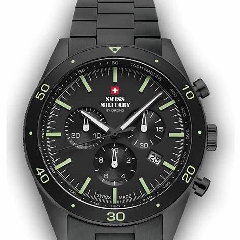 Swiss Military SM34079-03 Men's Analog Quartz Chronograph Watch - Black PVD Coated Stainless Steel