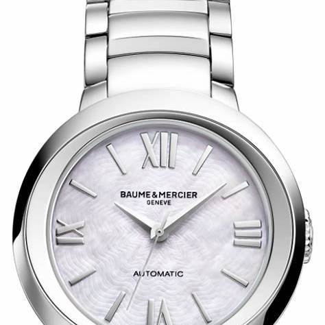 Orologio automatico da donna Baume & Mercier Promesse MOA10182 - Cassa in acciaio inossidabile da 30 mm, quadrante in madreperla, numeri romani, datario, bracciale in acciaio inossidabile