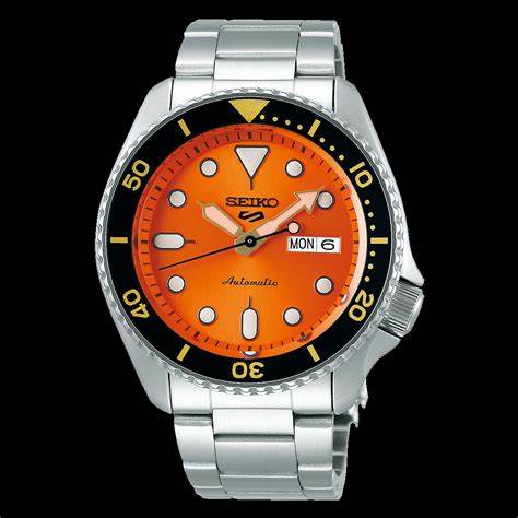 Seiko 5 Sports SRPD59K1 Automatic Men's Watch - Orange Dial, Stainless Steel Bracelet