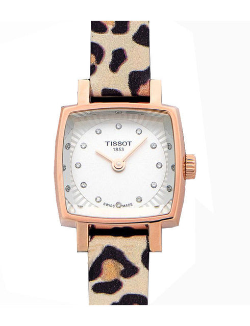 Reloj Tissot Lovely Square T0581093703600 para mujer: caja de oro rosa y correa con estampado de leopardo.