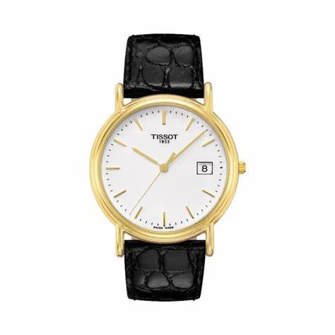 Tissot T-Gold Carmel T71.3.434.11 – 18K Yellow Gold Case, White Dial, Black Leather Strap