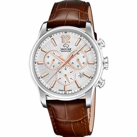 Jaguar J968/1 Men's Chronograph Watch - Silver Dial, Brown Leather Strap