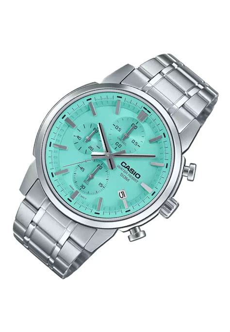 Casio MTP-E510D-2AVDF Men's Quartz Chronograph Watch - Turquoise Dial, Stainless Steel Band