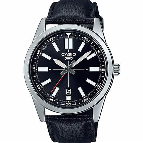 Casio MTP-VD02L-1EUDF Herren Schwarz Lederuhr – Schwarzes Zifferblatt