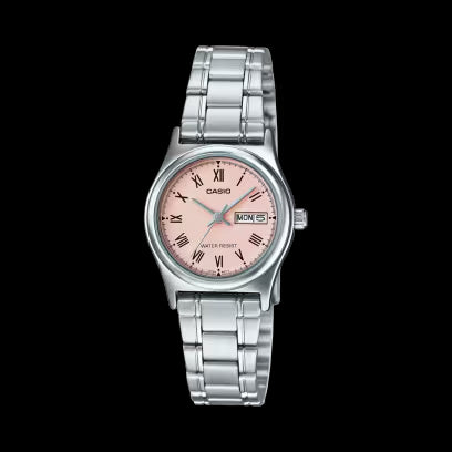 Reloj Casio LTP-V006D-4BUDF para mujer, de acero inoxidable, con esfera rosa y fecha.