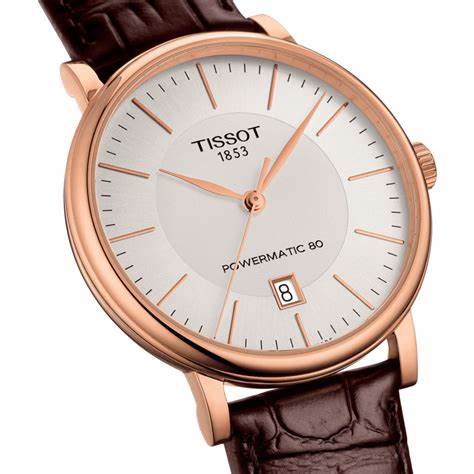 Tissot Carson Premium Powermatic 80 Men's Watch - Silver Dial, Rose Gold PVD Case, Brown Leather Strap