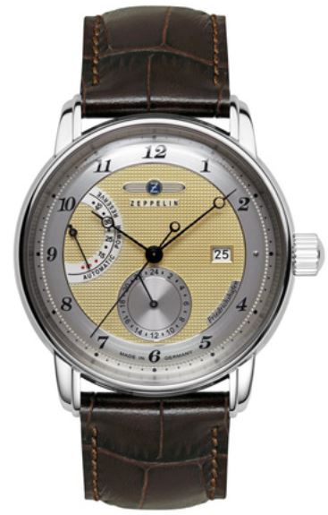 Zeppelin 8590-5 Friedrichshafen Orologio automatico da uomo - Cassa argento, quadrante oro, cinturino in pelle marrone