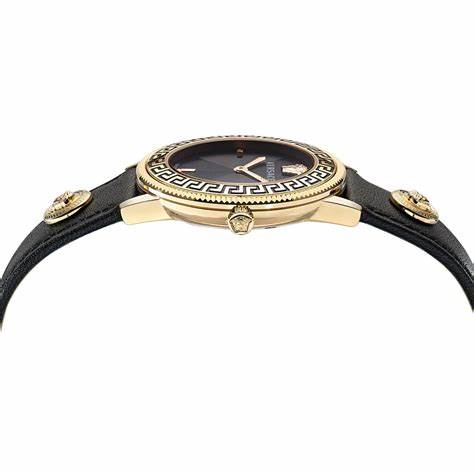 Versace V-Tribute VE2P00222 Orologio da donna al quarzo svizzero - Cassa in acciaio inossidabile color oro, cinturino in pelle nera, 36mm