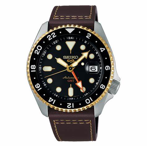 Seiko 5 Sports SSK036K1 Automatic GMT Men's Watch - Black Dial, Brown Leather Strap