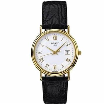 Tissot T-Gold Carmel T71.3.434.13 – 18K Yellow Gold Case, White Dial, Black Leather Strap