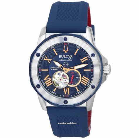 Bulova Marine Star 98A282 Men's Automatic Watch – Blue Dial, Blue Silicone Strap