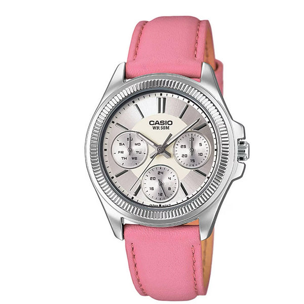 Casio LTP-2088L-4AVDF Damenarmbanduhr mit rosa Lederarmband – Silbernes Zifferblatt