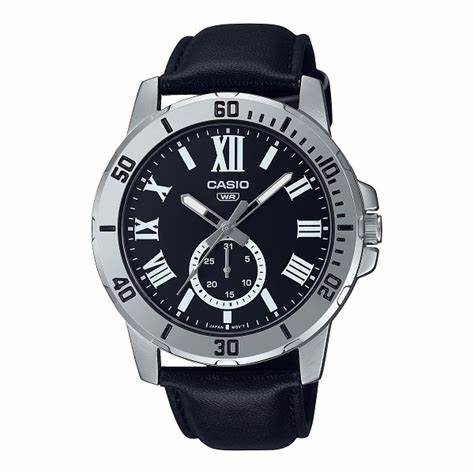 Casio MTP-VD200L-1BUDF Herrenarmbanduhr mit schwarzem Zifferblatt und Lederarmband