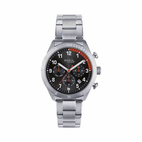 : Breil Mate EW0592 Men's Multifunction Watch - 41mm Black Sunray Dial with Red Accents, Stainless Steel Bracelet