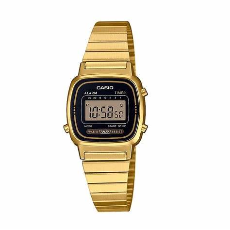 Casio LA-670WEGA-1EF Vintage Mini Digital Watch - Black Dial, Gold Stainless Steel Bracelet