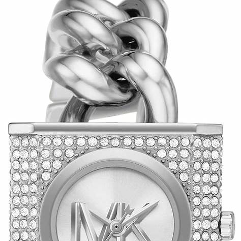 Michael Kors MK4718 Women's Silver-Tone Chain Lock Watch - Pavé Accents