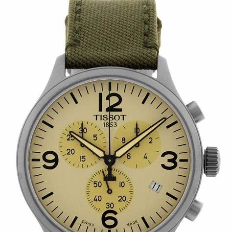 Tissot Chrono XL Men's Watch - Beige Dial, Grey PVD Case, Green Fabric Strap