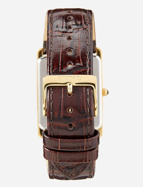 Seiko SWR064P1 Men's Quartz Watch – Gold Rectangular Case, Brown Leather Strap