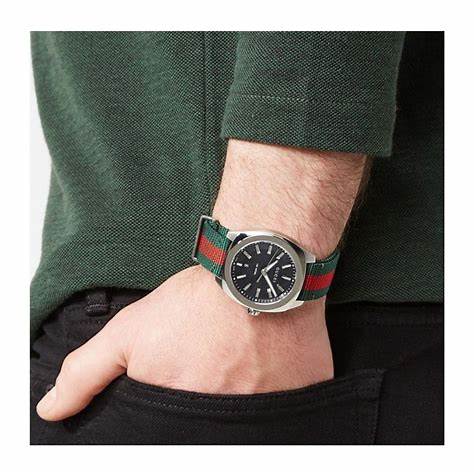 Gucci GG2570 YA142305 Men's Watch – Black Dial, Green-Red Nylon Strap