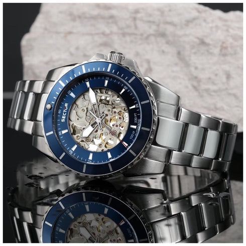 Sector 450 R3223276003 Montre automatique pour hommes - cadran bleu squelette, 100M WR