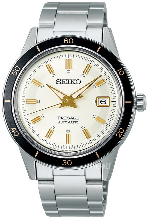 Seiko Presage SRPG03J1 Herren Automatik Uhr - Style 60's Serie, Elfenbein Zifferblatt, Edelstahl Armband