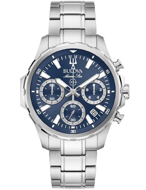 Bulova 96B466 Men's Marine Star Chronograph – Blue Dial, 43mm Steel Case, 100m WR