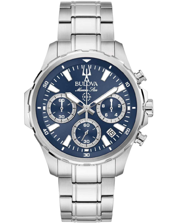 Bulova 96B466 Men's Marine Star Chronograph – Blue Dial, 43mm Steel Case, 100m WR