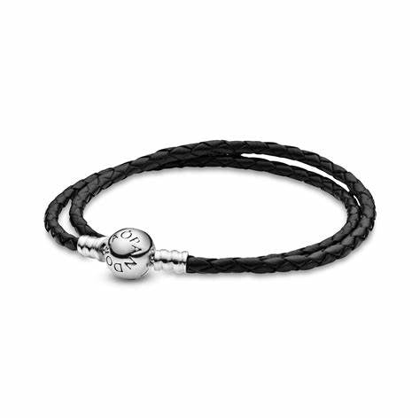 PANDORAPandora 590745CBK - D1 Double Black Leather Bracelet – Sterling Silver Clasp, 35cmBIJOUXEcecile