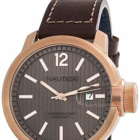 Nautica NAPSYD005 Men's Quartz Watch - Brown Dial, Rose Gold-Tone Case, Brown Leather Strap