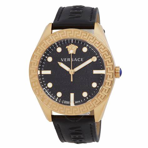 Versace Greca Dome VE2T00222 Orologio al quarzo svizzero da uomo - Cassa in acciaio inossidabile color oro, cinturino in pelle nera, 42mm