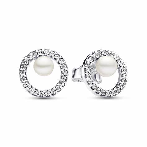 Pandora Treated Freshwater Cultured Pearl & Pavé Halo Stud Earrings 293154C01 - Sterling Silver, Cubic Zirconia