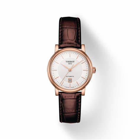 Tissot Carson Premium Automatic Lady Women's Watch - Silver Dial, Rose Gold PVD Case, Brown Leather Strap