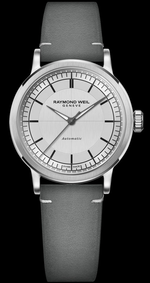 Raymond Weil Millesime 35mm Automatic Watch - Silver Dial, Grey Leather Strap